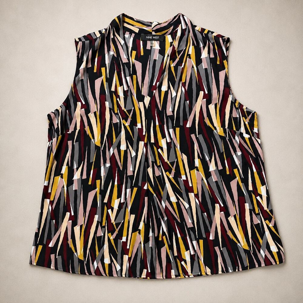 Nine West Abstract Print Sleeveless Blouse | Split Neck Top | Workwear Women’s L